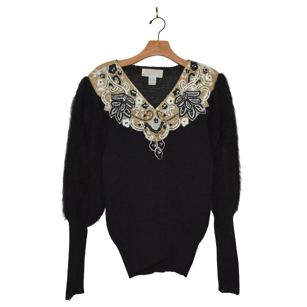 SIDEFFECTS Black Embellished V Neck Sweater w Puff Sleeve,‎ Angora Fur Blend